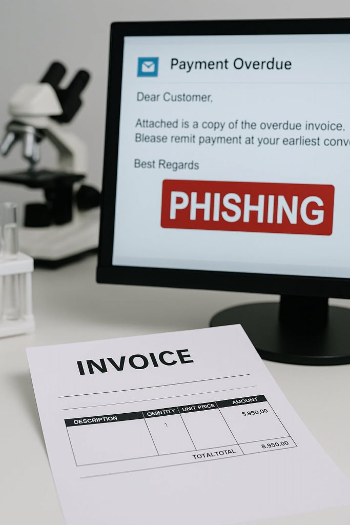 Simulación de un correo de phishing con factura fraudulenta en contexto clínico, destacando el riesgo del uso indebido de documentación real.