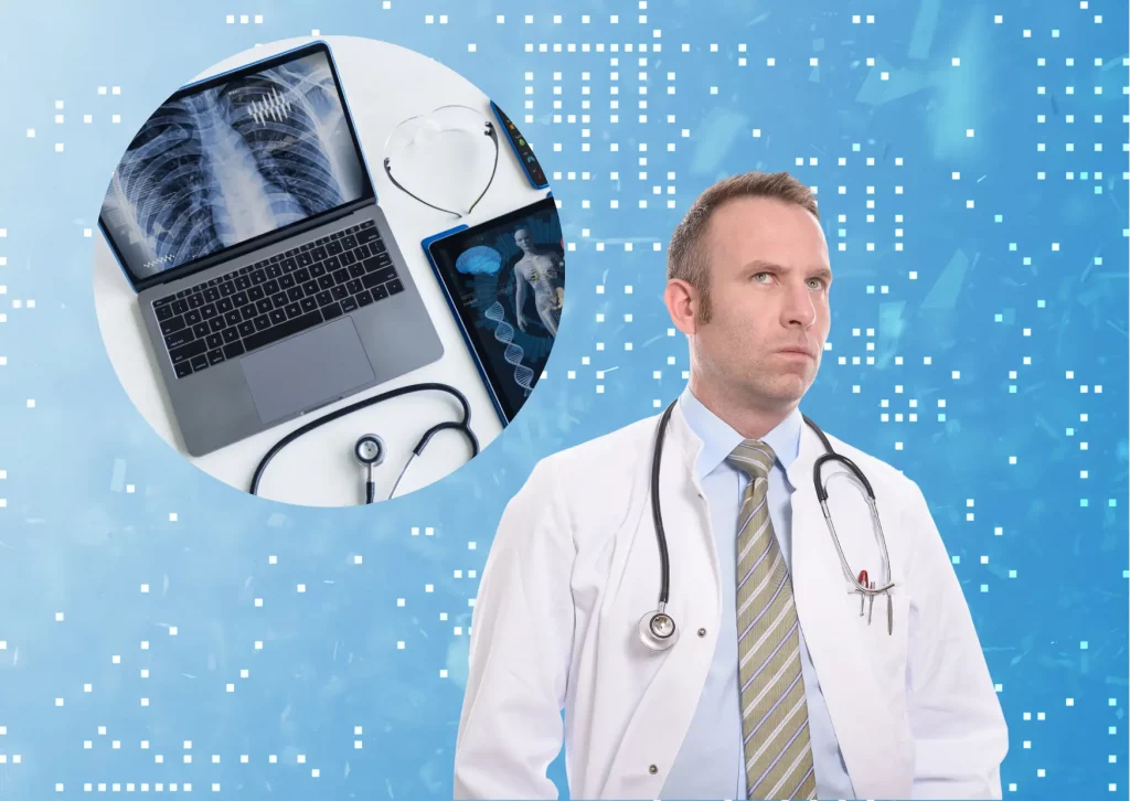 Médico preocupado por la seguridad de radiografías digitales ante ciberataques en clínicas privadas.