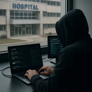 ciberdelincuente preparando un ciberataque a hospital