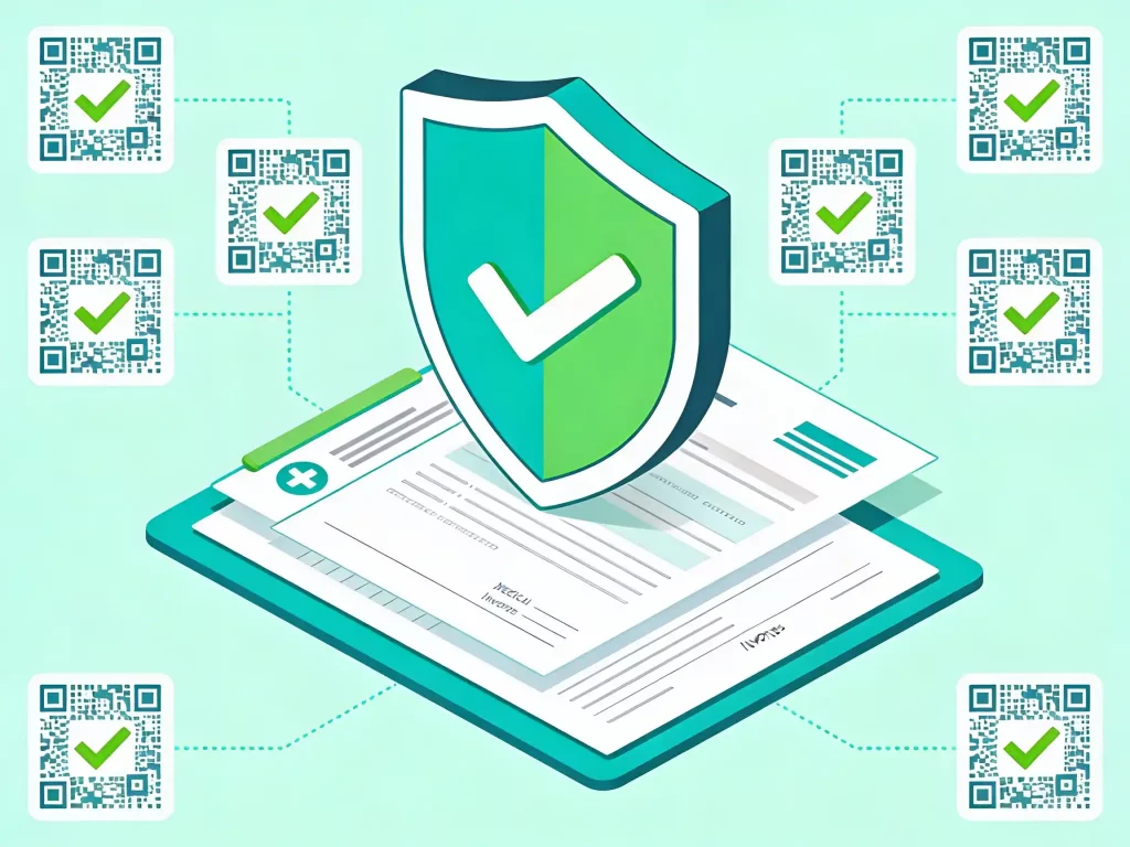 Protección contra códigos QR maliciosos en clínicas Escudo de seguridad digital protegiendo documentos médicos y códigos QR verificados en entorno sanitario