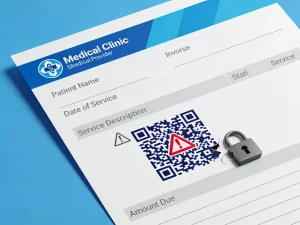 Persona escaneando código QR en factura médica con smartphone - ejemplo de riesgo de quishing