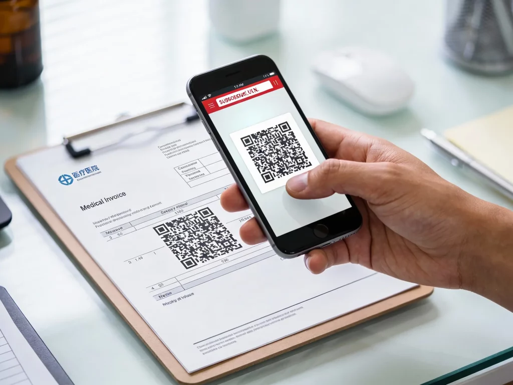 Escaneando código QR en factura de clínica Persona escaneando código QR en factura médica con smartphone - ejemplo de riesgo de quishing